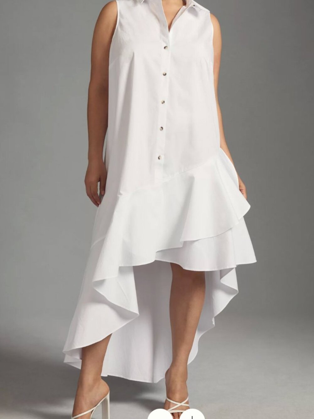 By Anthropologie Sleeveless Buttondown Asymmetrical Ruffle-Hem Dress, White - Picture 5 of 10